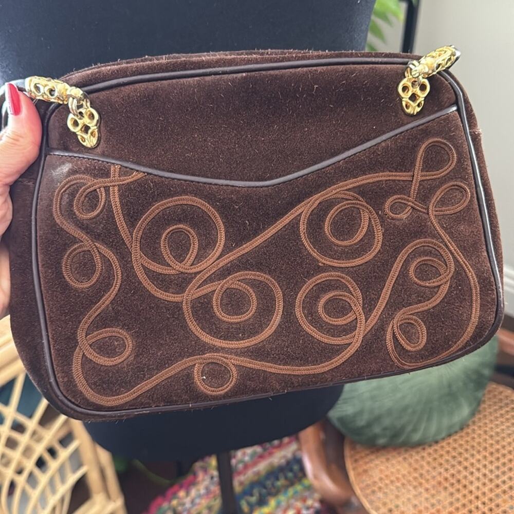 Vintage Yenko Italy Brown Suede Embroidered Top Zip Crossbody Boho Bag Purse - Picture 3 of 8